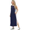 imageGRECERELLE 2025 Women Summer Color Blocking Round Neck Sleeveless Casual WrinkleFree Side Split Maxi Dress with PocketsNavy Blue White