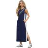 imageGRECERELLE 2025 Women Summer Color Blocking Round Neck Sleeveless Casual WrinkleFree Side Split Maxi Dress with PocketsNavy Blue White
