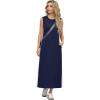 imageGRECERELLE 2025 Women Summer Color Blocking Round Neck Sleeveless Casual WrinkleFree Side Split Maxi Dress with PocketsNavy Blue White