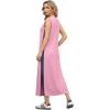imageGRECERELLE 2025 Women Summer Color Blocking Round Neck Sleeveless Casual WrinkleFree Side Split Maxi Dress with PocketsPink Blue