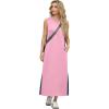 imageGRECERELLE 2025 Women Summer Color Blocking Round Neck Sleeveless Casual WrinkleFree Side Split Maxi Dress with PocketsPink Blue