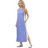 imageGRECERELLE 2025 Women Summer Color Blocking Round Neck Sleeveless Casual WrinkleFree Side Split Maxi Dress with PocketsSky Blue White