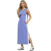 imageGRECERELLE 2025 Women Summer Color Blocking Round Neck Sleeveless Casual WrinkleFree Side Split Maxi Dress with PocketsSky Blue White
