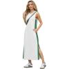 imageGRECERELLE 2025 Women Summer Color Blocking Round Neck Sleeveless Casual WrinkleFree Side Split Maxi Dress with PocketsWhite Green