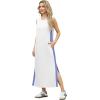 imageGRECERELLE 2025 Women Summer Color Blocking Round Neck Sleeveless Casual WrinkleFree Side Split Maxi Dress with PocketsWhite Sky Blue