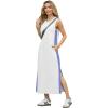 imageGRECERELLE 2025 Women Summer Color Blocking Round Neck Sleeveless Casual WrinkleFree Side Split Maxi Dress with PocketsWhite Sky Blue