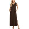 imageGRECERELLE 2025 Women Summer InsideOut VNeck Casual Loose Split WrinkleFree Long Maxi Beach Dress with PocketsDark Coffee