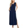 imageGRECERELLE 2025 Women Summer InsideOut VNeck Casual Loose Split WrinkleFree Long Maxi Beach Dress with PocketsNavy Blue