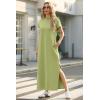 imageGRECERELLE 2025 Women Summer Mock Neck Short Sleeve Casual Loose Split WrinkleFree Long Maxi Dress with PocketsAvocado Green