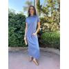 imageGRECERELLE 2025 Women Summer Mock Neck Short Sleeve Casual Loose Split WrinkleFree Long Maxi Dress with PocketsDenim Blue
