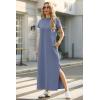imageGRECERELLE 2025 Women Summer Mock Neck Short Sleeve Casual Loose Split WrinkleFree Long Maxi Dress with PocketsDenim Blue