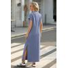 imageGRECERELLE 2025 Women Summer Mock Neck Short Sleeve Casual Loose Split WrinkleFree Long Maxi Dress with PocketsDenim Blue