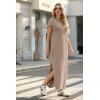 imageGRECERELLE 2025 Women Summer Mock Neck Short Sleeve Casual Loose Split WrinkleFree Long Maxi Dress with PocketsKhaki