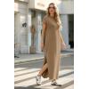 imageGRECERELLE 2025 Women Summer Mock Neck Short Sleeve Casual Loose Split WrinkleFree Long Maxi Dress with PocketsLight Coffee