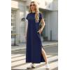 imageGRECERELLE 2025 Women Summer Mock Neck Short Sleeve Casual Loose Split WrinkleFree Long Maxi Dress with PocketsNavy Blue