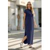 imageGRECERELLE 2025 Women Summer Mock Neck Short Sleeve Casual Loose Split WrinkleFree Long Maxi Dress with PocketsNavy Blue