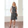 imageGRECERELLE 2025 Women Summer Round Neck Casual Loose Split WrinkleFree Midi Dress with Pockets XS3XLBlack White Strip