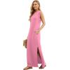 imageGRECERELLE 2025 Women YearRound Casual Round Neck Loose Split WrinkleFree Long Maxi Vacation Dress with Pockets XS3XLRose Red