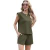imageGRECERELLE 2025 Womens Summer 2 Piece Outfits Round Neck Cap Sleeve Top with Pocket Short SetsArmy Green
