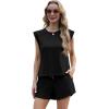 imageGRECERELLE 2025 Womens Summer 2 Piece Outfits Round Neck Cap Sleeve Top with Pocket Short SetsBlack