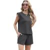 imageGRECERELLE 2025 Womens Summer 2 Piece Outfits Round Neck Cap Sleeve Top with Pocket Short SetsDark Gray