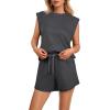 imageGRECERELLE 2025 Womens Summer 2 Piece Outfits Round Neck Cap Sleeve Top with Pocket Short SetsDark Gray