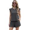imageGRECERELLE 2025 Womens Summer 2 Piece Outfits Round Neck Cap Sleeve Top with Pocket Short SetsDark Gray