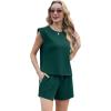 imageGRECERELLE 2025 Womens Summer 2 Piece Outfits Round Neck Cap Sleeve Top with Pocket Short SetsDark Green