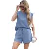 imageGRECERELLE 2025 Womens Summer 2 Piece Outfits Round Neck Cap Sleeve Top with Pocket Short SetsDenim Blue