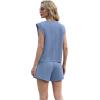imageGRECERELLE 2025 Womens Summer 2 Piece Outfits Round Neck Cap Sleeve Top with Pocket Short SetsDenim Blue