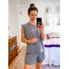 imageGRECERELLE 2025 Womens Summer 2 Piece Outfits Round Neck Cap Sleeve Top with Pocket Short SetsDenim Blue