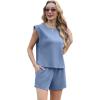 imageGRECERELLE 2025 Womens Summer 2 Piece Outfits Round Neck Cap Sleeve Top with Pocket Short SetsDenim Blue