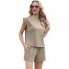 imageGRECERELLE 2025 Womens Summer 2 Piece Outfits Round Neck Cap Sleeve Top with Pocket Short SetsKhaki