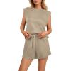 imageGRECERELLE 2025 Womens Summer 2 Piece Outfits Round Neck Cap Sleeve Top with Pocket Short SetsKhaki