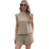 imageGRECERELLE 2025 Womens Summer 2 Piece Outfits Round Neck Cap Sleeve Top with Pocket Short SetsKhaki