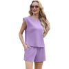 imageGRECERELLE 2025 Womens Summer 2 Piece Outfits Round Neck Cap Sleeve Top with Pocket Short SetsLilac