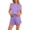 imageGRECERELLE 2025 Womens Summer 2 Piece Outfits Round Neck Cap Sleeve Top with Pocket Short SetsLilac