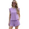imageGRECERELLE 2025 Womens Summer 2 Piece Outfits Round Neck Cap Sleeve Top with Pocket Short SetsLilac