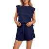 imageGRECERELLE 2025 Womens Summer 2 Piece Outfits Round Neck Cap Sleeve Top with Pocket Short SetsNavy Blue