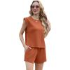 imageGRECERELLE 2025 Womens Summer 2 Piece Outfits Round Neck Cap Sleeve Top with Pocket Short SetsTan