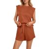imageGRECERELLE 2025 Womens Summer 2 Piece Outfits Round Neck Cap Sleeve Top with Pocket Short SetsTan