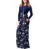 imageGRECERELLE Women Long Sleeve Casual Round Neck Loose Solid Floral Maxi Long Dress with Pockets S3XLBlue Small Flower