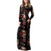 imageGRECERELLE Women Long Sleeve Casual Round Neck Loose Solid Floral Maxi Long Dress with Pockets S3XLFlowers Brown Black