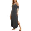 imageGRECERELLE Women Summer Maxi Dresses Casual Loose Strapless Strap Cold Shoulder Short Sleeve Split Long Dress with PocketDark Gray