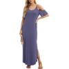 imageGRECERELLE Women Summer Maxi Dresses Casual Loose Strapless Strap Cold Shoulder Short Sleeve Split Long Dress with PocketPurple Gray