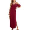 imageGRECERELLE Women Summer Maxi Dresses Casual Loose Strapless Strap Cold Shoulder Short Sleeve Split Long Dress with PocketWine Red