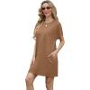 imageGRECERELLE Womens 2025 Casual Summer Shirt Dress Loose Round Neck Mini WrinkleFree Sundress with PocketCamel