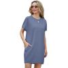 imageGRECERELLE Womens 2025 Casual Summer Shirt Dress Loose Round Neck Mini WrinkleFree Sundress with PocketDenim Blue