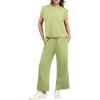 imageGRECERELLE 2025 Two Piece Sets for Women Summer Round Neck Cap Sleeve Top and Wide Leg Pants with PocketsAvocado Green