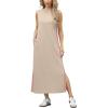 imageGRECERELLE 2025 Women Summer Color Blocking Round Neck Sleeveless Casual WrinkleFree Side Split Maxi Dress with PocketsKhaki Pink